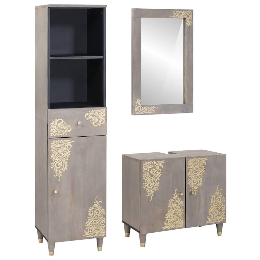 Set Mobili da Bagno 3 Pezzi in Legno Massello di Mango Grigio | Set con mobile sottolavabo, specchio e colonna per ottimizzare lo spazio nel bagno con un elegante tocco rustico.
