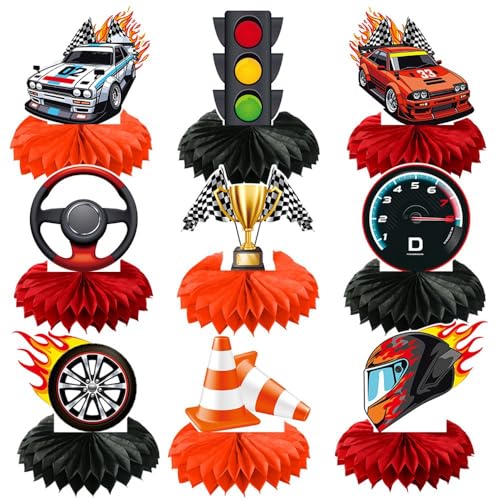 Racing Theme Party Decorations, Honeycomb Centerpieces with Race Cars, Traffic Light, Trophy, Steering Wheel, Speedometer, Helmet, 9 Pieces