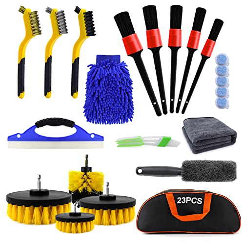 23PCS Car Cleaning Kit with Interior Exterior Car Detailing Brush Kit,Car Wash Cleaning Tools with Detailing Brush Set for Wheels,Windows,Dashboard,Leather,Air Vents,Engine Car Care with Storage Bag