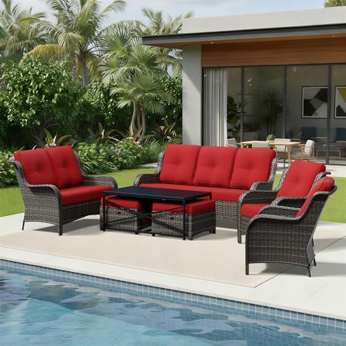 Image of Joyside 7 Piece Wicker Patio Furniture Set, Rattan Patio Chairs with High Back, Deep Seating, Wide Armrest, Thickened Cushions, Outdoor Furniture for Deck, Porch Use