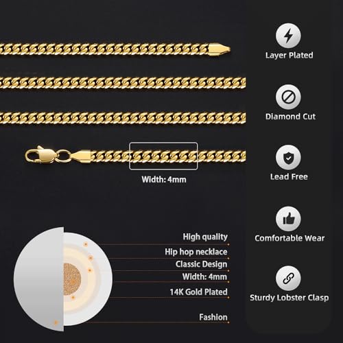 Jewlpire Gifts for Men Italian Six-Faceted Design14K Gold-Plated Cuban Link Chain Necklace for Men Women, 4MM Stainless Steel with 925 Sterling Silver Plated Mens Chain Necklace 16 18 20 22 24 26 Inch3