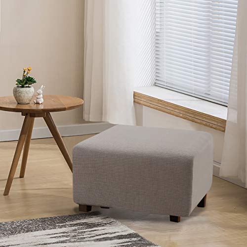 Flamingo P Stretch Ottoman Cover Stool Furniture Protector Soft Rectangle Slipcover with Elastic Bottom Stretch High Spandex Small Checks Jacquard Fabric (Large, Taupe)