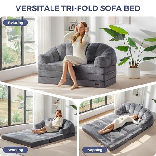 Image of MAXYOYO Folding Sofa Bed, 2 in 1 Convertible Sofa to Lounger Comfy Loveseat Bean Bag Chair for Adults, Floor Couch with Handle, Faux Fur Couch Bed for Living Room Bedroom, Grey, Loveseat