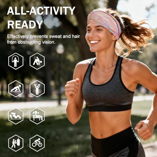 Image of MAYCREATE 5pcs Hair Bands for Women Yoga Bandanas Sports Hair Band Soft Elastic Head Band for Women Non Slip Wide Sweat Headband for Workout Running Gym - Colorful Assorted