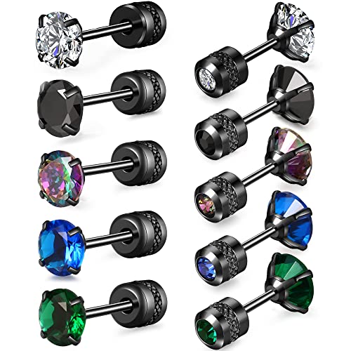 5 Pairs Titanium Studs Earrings For Women Men Stainless Steel Screw Back Tiny Stud Earrings Hypoallergenic Cubic Zirconia Studs Double Side Cartilage Piercing Studs(20G, 2-6Mm) #TOP16