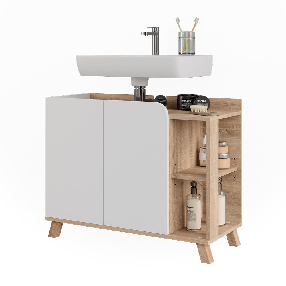 Vicco Mueble bajo Lavabo Karen, Sonoma/Blanco, 80 x 65 cm | con 2 puertas, para un almacenamiento que ahorra espacio debajo del fregadero