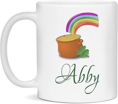 Abby Personalized Shamrock St Patrick's Day Pot of Gold Rainbow Mug, 11-Ounce White