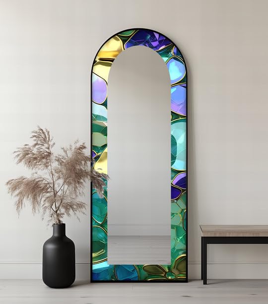 Specchio da pavimento astratto ad arco a tutta lunghezza - Specchio da pavimento con cornice nera e cornice nera, 67 x 170 cm (larghezza x altezza), effetto vetro lussuoso, con