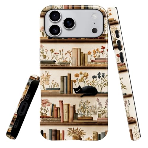 Coque iPhone 17 Pro Max motif bibliothèque idéale pour lire au calme avec son chat