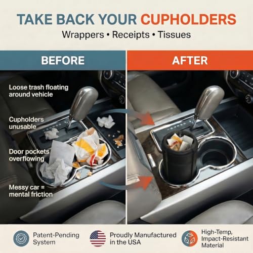 Image of Trash Trapper Car Trash Can Cup Holder | Max Car Trash Can | Fits in Most Cupholders | 5.6 inch x 3.5 inch | Traps More & Empties Less, Patent-Pending Compaction, Holds Many Weeks Small Garbage, Black /Grey