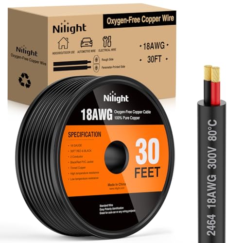 Image of Nilight 30FT 18AWG Oxygen-Free Copper Wire Red Black | Electrical Wires Stranded PVC Cord 2 Conductor Parallel 300V DC Flexible Extension Cords for LED Strips Lamps Lighting