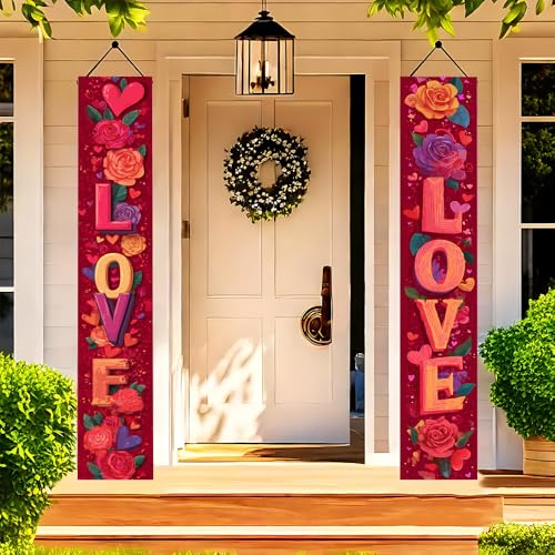 Image of Love Front Door Banner 11.81x70.87 Inch, Red Rose Heart Porch Sign for Spring Mother's Day, Romantic Floral Welcome Flag Outside Wall Decor, Weatherproof Fabric Hanging Decoration