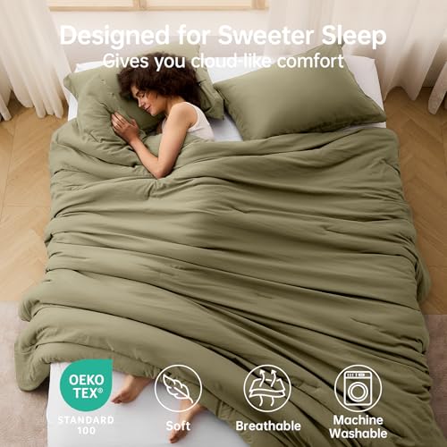 Image of MUXHOMO Full Comforter Set, All Season Ultra Soft Down Alternative Bedding - 3 Piece Lightweight Bed Set Includes 1 Comforter (82 inchx86 inch) and 2 Pillow Shams (20 inchx26 inch), Olive Green
