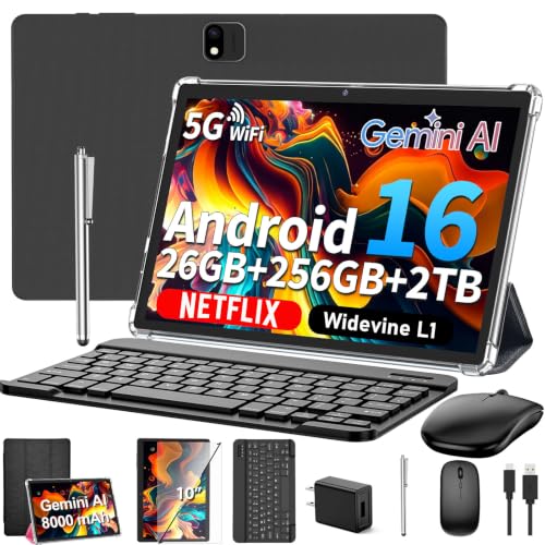 Image of Android 16 Tablet with Keyboard - 10 inch Tablet with 26GB+256GB+2TB Expand | 2026 Electronic Tablet with Gemini AI, 8-Core, 5G WiFi, 8000mAh, GPS, GMS, 2 in 1 Tablet PC with Case, Mouse, Stylus (Black)