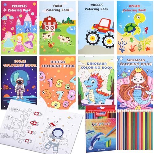 Fizdoqg 8Pcs Libro Colorear Niños 12 x 18 cm Libros para Colorear Niños y Lapices de Colores, Libro para Colorear Niños Ideal para Regalos de Cumpleaños para Niños, Regalos Escolares