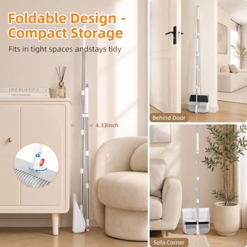 Image of Broom with Dustpan Combo Set, 53 inch Long Handle, Includes 2 Broom Heads | Collapsible Broom and Dustpan Set, 180 Swivel Broom Head, 360 Lockable Dustpan, Built-in Hair Comb