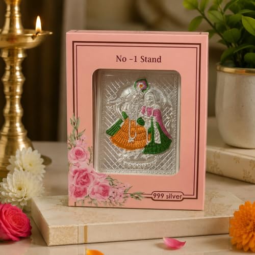 Image of 999 Silver Meenakari Radha Krishna Photo Frame for Home Decor & Puja Room | Designer Shyam Radhika Kanha Banke Bihari Silver God Frame for Office Desk, Tabletop, Auspicious Wedding, Housewarming, Return Gift- 11x9x4 CM
