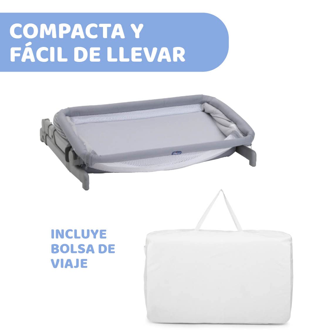 Chicco Next2Me Go, Cuna Colecho Bebé, Compatible con Varias Camas, Altura Ajustable, Buena Circulación de Aire, Cuna de Viaje, Gris Claro