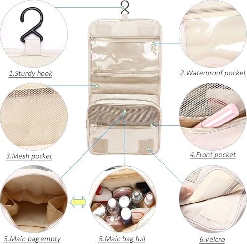 Image of Travel Toiletry Bag with Hanging Hook, Waterproof Cosmetic Organizer Pouch, Foldable Makeup Storage Case with Mesh & Transparent Compartments, Portable Travel Accessories Bag (Beige Beige)