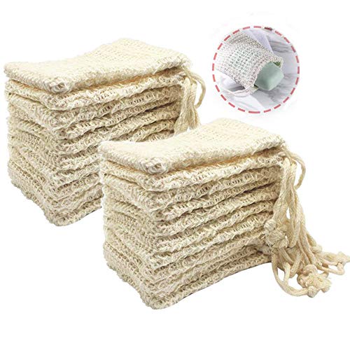 20 Pack Soap Saver Pouch, Natural Sisal Soap Saver Soap Bag Bamboo Soap Holder Bar Soap Loofah Pouch Hand Made Soap Bag with Drawstring for Bathroom and Shower