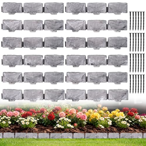 Landscape Edging Faux Stone Garden Edging Border,17FT x 2.75 in Tall Decorative Stone-Look Garden Border for Flower Bed Edging,Lawn,Landscaped Yard,Trees and Gardens,with Anchoring Spikes,Gray