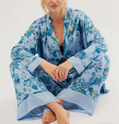 Image of Women Satin Pajama Set Floral Silk Pajamas 2 Piece Lounge Sets Button Down Shirts Wide Leg Pants Pjs Sleepwear