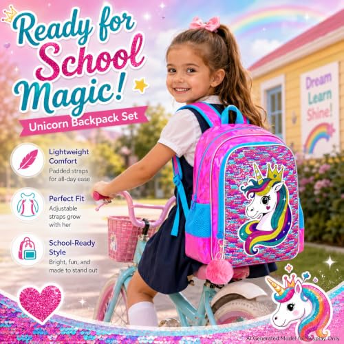 Image of CCJPX 3Pcs Unicorn Backpack, 16 inch Girls Sequin Bookbag with Lunch Box, Kids Water Resistant Elementary School Bag for Kindergarten Preschool Toddler (Rose)