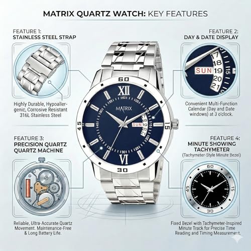 Matrix Antique Day & Date Leather Strap Analog Watch for Men & Boys (Blue - Silver) - Image 6