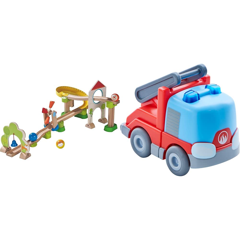 HABA 300438 - Kugelbahn Kullerbü - Windradbahn & 303844 - Kullerbü – Feuerwehr-Leiterwagen | Motorikspielzeug von 2-8 Jahren | Tolles Zubehör für alle Kullerbü-Bahnen