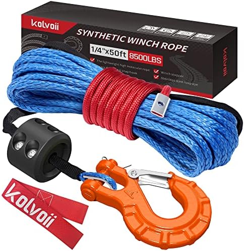 Kolvoii Synthetic Winch Rope, Winch Cable Kit 1/4" x 50ft 8500lbs with Heavy Duty Steel Hook, Protector Sleeve and Rubber Stopper for Towing ATV UTV SUV Truck etc(Blue Rope, Orange Hook)