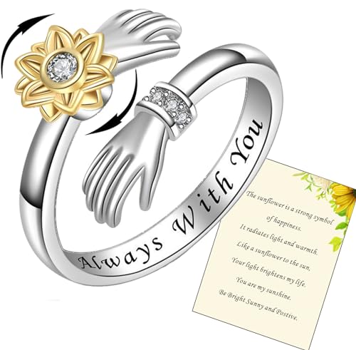 925 Sterling Silver Hug Rings for Women - I Love You Forever, Mother, Sister Gifts - Engraved Words, Hugging Hands, Open Ring - Friendship Jewelry (Sunflower-Always with you)