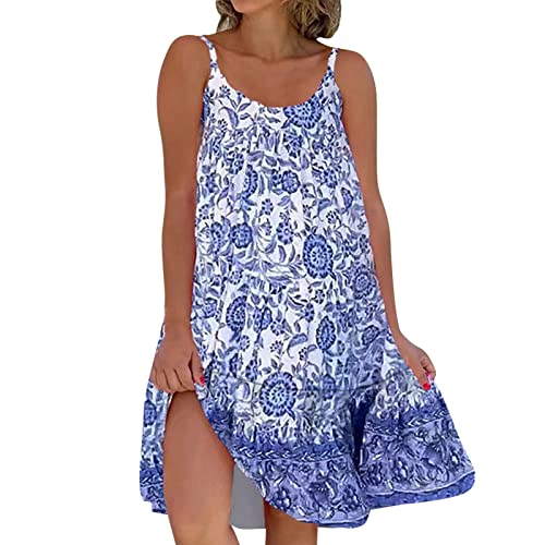 Damen Mode Sale Kleider Damen Sommer Ärmellos Sommerkleid A-Linie Kleid Rundhals Blumen Tank Minikleid Loose Strandkleid Freizeitkleider Trägerkleid...