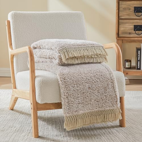 Image of EMME Soft Sherpa Fleece Blanket with Tassel, Reversible Plush Fluffy Large Blanket, Light Weight Warm Decorative Boho Blanket Cover for Sofa, Couch, Bedroom,Travel(Tassel Khaki,50 inchx60 inch)