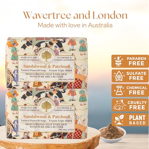 Image of Wavertree & London Sandalwood & Patchouli Scented Natural Soap (2 Bars), 7oz Moisturizing French Triple Milled Soap Bars enriched with shea butter - Pure Plant Oil Bath & Body Bars for All Skin Types