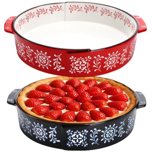 Covzoe 2 Pack Ceramic Baking Dish, 9 Inch Non-Stick Pie Pan With Double Handle, 44 Oz Deep And Fluted Pie Plate For Apple Pies, Quiche, Cake, Tart, Oven Microwave Dishwasher Safe, Red, Blue