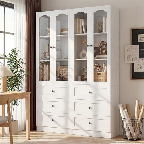 Image of Cyclysio 80 inch Tall Pantry Cabinet for Kitchen Storage, 2 Set White Pantry Cabinet with Glass Doors & 3 Drawers - Freestanding Storage Bookcase with Built-in Baseboard Notch for Dining, Living Room