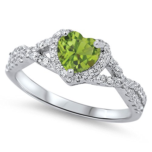 925 Sterling Silver Faceted Natural Genuine Green Peridot Heart Halo Promise Ring Size 9