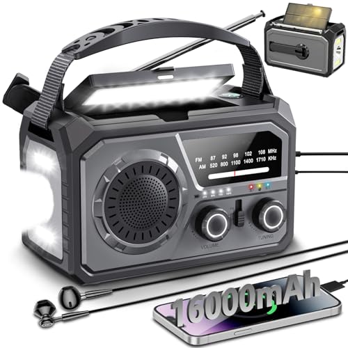 Radio à manivelle 16000 mAh solaire portable avec batterie externe et AM/FM