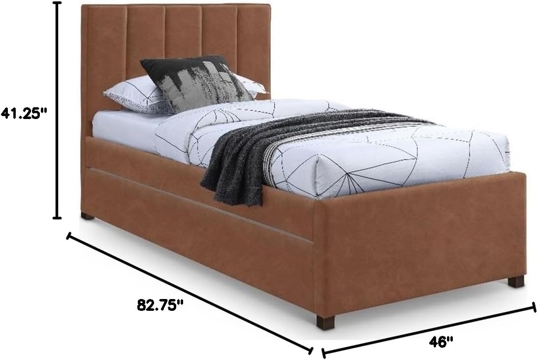 Pemberly Row Contemporary Twin Trundle Bed, Cognac Vegan Leather, 41.25" W x 82.75" D x 46" H, Channel-Tufted Headboard, Water-Resisting and Anti-Scratch Finish, Kids or Teen Bedroom Sleeping Solution