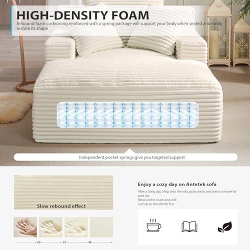 Image of 67 Inch Chaise Lounge Chair Indoor, Oversized Corduroy Upholstered Boneless Sofa Bed, Deep Seat Sleeper Couch Reading Chairs, Cloud Sofas Couches for Living Room, No Assembly Required (Beige)