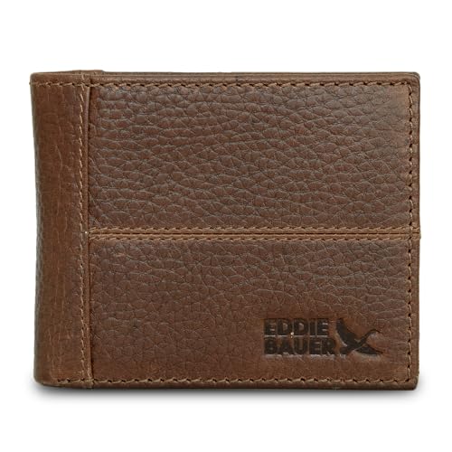Eddie Bauer Rugged Wallet | Bifold | RFID Protection| Extra Capacity | Leather| Flip ID | Genuine Leather | Tan