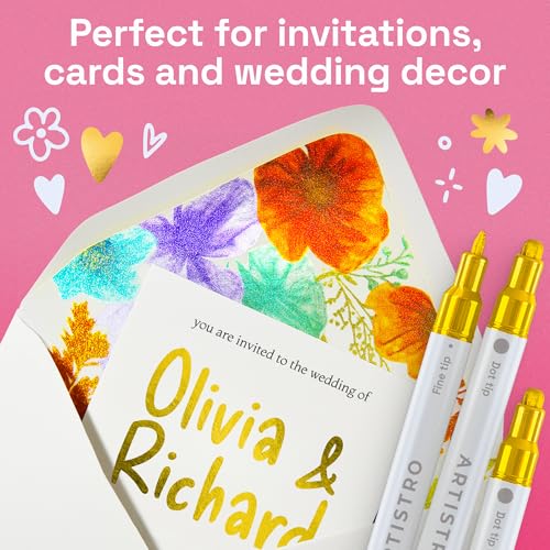 Image of ARTISTRO 12 Gold Acrylic Paint Markers for Rock, Fabric, Wood, Glass, Eggs - Dual-Tip Paint Pens for Coloring Books for Adults, Teens, Kids - Art & Craft Supplies - Gift Idea - Easter Basket Stuffers