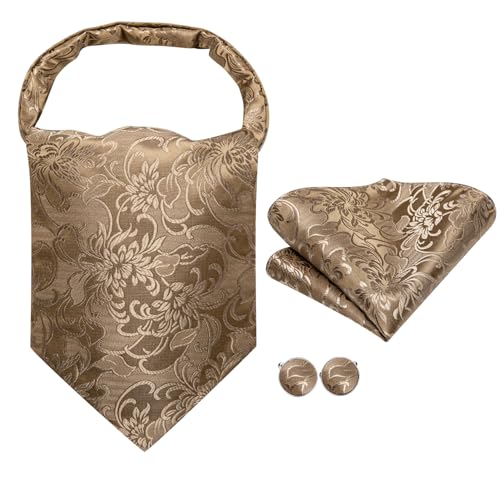 Image of Hi-Tie Silk Ascot for Men Self Tie Men's Cravat and Flower Lapel Pin Handkerchief Cufflinks Set for Wedding Party