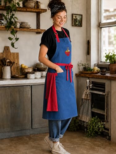Image of 100% Cotton Unisex Apron - Adjustable Neck Straps, Vibrant Print, Reinforced Stitching, Multipurpose& Deep Pocket - for Cooking, Catering, Gardening, Painting-Printed Aprons