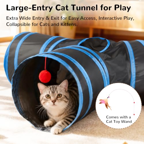 Image of Tempcore Cat Tunnel, 3-Way Collapsible Toy, Large Size Black & Royal Blue | Large Size 3-Way Cat Tunnel Provides More Room for Cats to Run, Hide and Chase, with Peek Holes, Hanging Ball and Teaser Wand