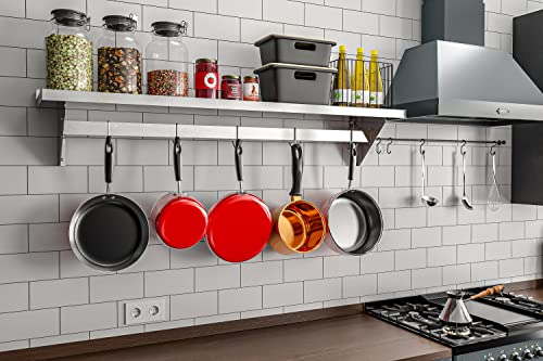 Image of Koolmore Commercial Wall Mounted Pot Rack Organizer Shelf with 5 Removable Storage Hooks for Pots and Pans, Utensils, Kitchen Cooking Accessories, Stainless-Steel Holder (WMPS-1260), 12'' X 60''