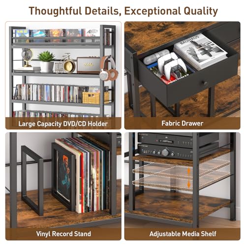 ikkle-Tall-CD-Rack-with-Power-Outlet-Drawers-8-Tier-DVD-Storage-Shelf-Media-Storage-Cabinet-for-CDsDVDs-Vinyl-Records-Books-Games-Ideal-for-Living-Room-Home-Office-315x157x706-in-Brown
