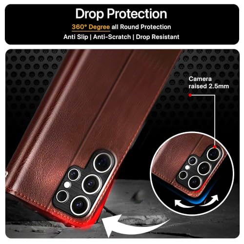 Image of FLIPPED Vegan Leather Flip Case Back Cover for Samsung Galaxy S25 Ultra 5G (Flexible, Shock Proof | Hand Stitched Leather Finish | Card Pockets Wallet & Stand | Tan with Brown)