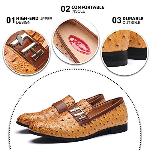 Mens Casual Classic Crocodile Texture Loafer with Gold Buckle Penny Slip-On Wedding Party Prom Shoes3