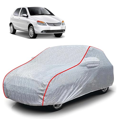 Image of Sulfar 100% Waterproof Car Body Cover Compatible with Mirror for Tata Indigo (Triple Stitched, Full Bottom Elastic, Magic Silver with Red Piping)